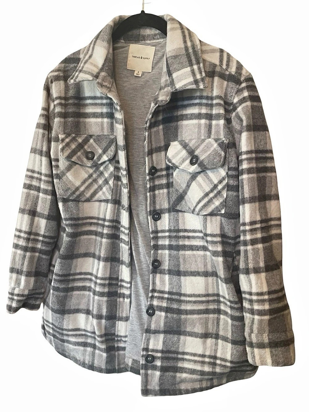 Thread & Supply Plaid Fleece Shirt Jacket Gray & White Small